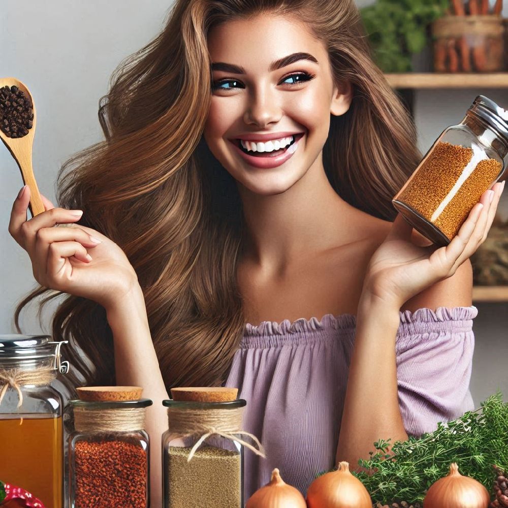 A woman with stunning, silky hair takes a moment to massage a hair oil made with rosemary and peppermint into her scalp. These invigorating herbs promote circulation, reduce dandruff, and leave her hair looking fuller and shinier, proving that natural ingredients can transform hair health.